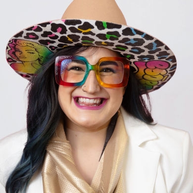 Botox model with quirky hat and glasses